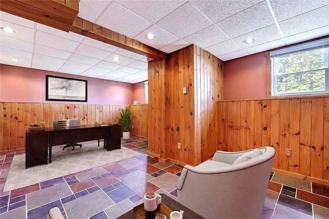 28 Plant St, Cumberland, RI 02864 - office space featuring a paneled ceiling, wooden walls, a wainscoted wall, and stone finish flooring