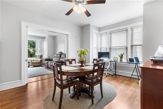 38 Vine St, East Providence, RI 02914 - dining room featuring a baseboard radiator, an office area, wood finished floors, and a ceiling fan
