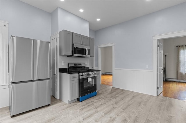 230 Pawtucket Ave, Pawtucket, RI 02860 - kitchen with appliances with stainless steel finishes, light wood-style floors, gray cabinets, wainscoting, and baseboard heating
