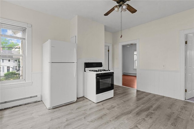230 Pawtucket Ave, Pawtucket, RI 02860 - kitchen with white appliances, baseboard heating, a baseboard heating unit, a wainscoted wall, and a ceiling fan
