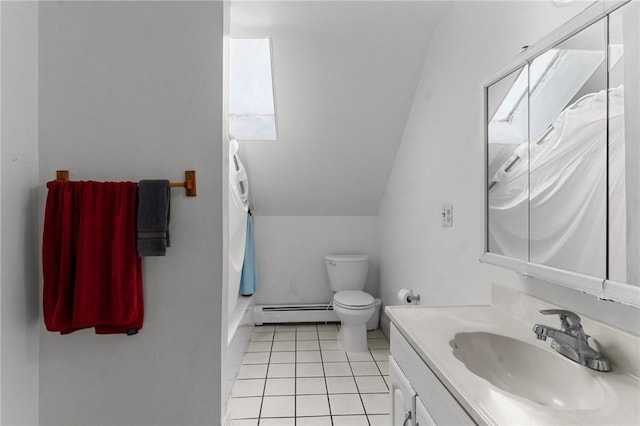 230 Pawtucket Ave, Pawtucket, RI 02860 - bathroom with a baseboard radiator, vanity, tile patterned floors, lofted ceiling, and a shower