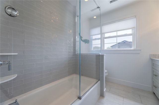 21 Overlook Ave, Charlestown, RI 02813 - bathroom featuring vanity, tile patterned floors, and bath / shower combo with glass door