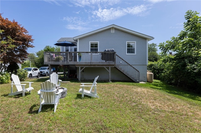 21 Overlook Ave, Charlestown, RI 02813 - back of house with a wooden deck, a lawn, and stairs