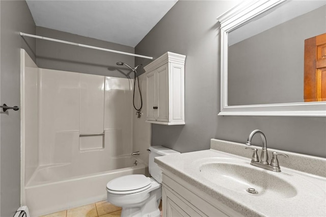 43 Peckham Pl, Bristol, RI 02809 - bathroom with bathtub / shower combination, vanity, a baseboard heating unit, and tile patterned flooring