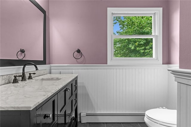 43 Peckham Pl, Bristol, RI 02809 - bathroom featuring baseboard heating, a wainscoted wall, vanity, and tile patterned floors