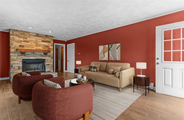 43 Peckham Pl, Bristol, RI 02809 - living area with wood finished floors, a fireplace, and recessed lighting