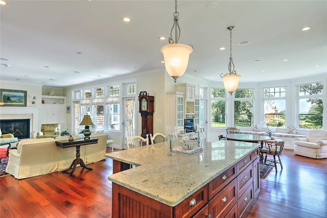 25 Brayton Point Rd, Westport, MA 02790 - kitchen with open floor plan, healthy amount of natural light, dark wood-style floors, a glass covered fireplace, and recessed lighting
