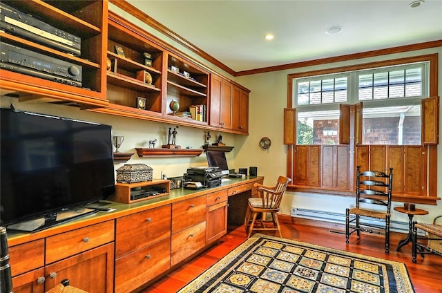 25 Brayton Point Rd, Westport, MA 02790 - office featuring built in desk, ornamental molding, wood finished floors, baseboard heating, and recessed lighting