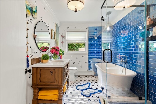 17 Golini Dr, Johnston, RI 02919 - bathroom featuring vanity, a freestanding tub, a shower stall, and ornamental molding