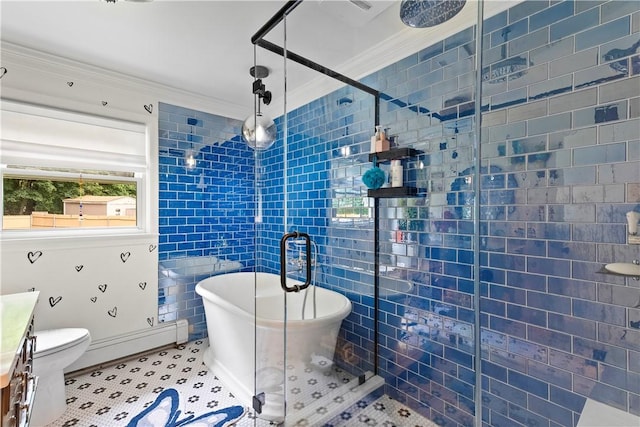 17 Golini Dr, Johnston, RI 02919 - full bath featuring a freestanding bath, a shower stall, a baseboard radiator, crown molding, and vanity