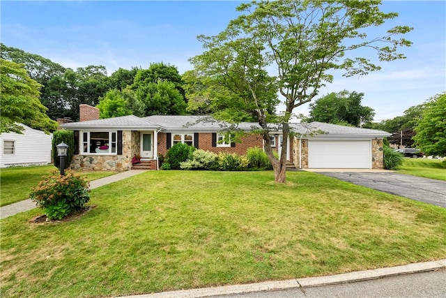 17 Golini Dr, Johnston, RI 02919 - ranch-style house featuring driveway, a garage, a chimney, stone siding, and a front yard