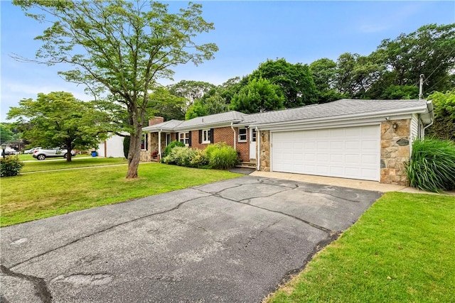 17 Golini Dr, Johnston, RI 02919 - ranch-style home with asphalt driveway, a garage, a front yard, a chimney, and stone siding