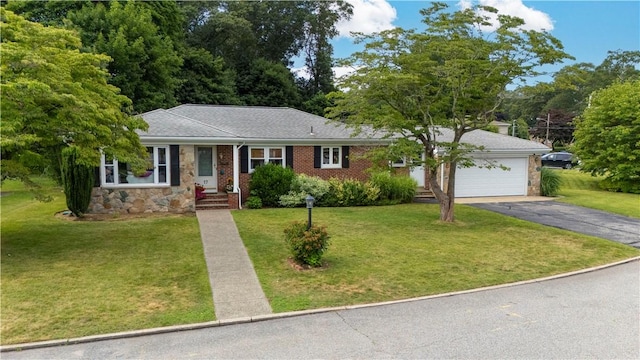 17 Golini Dr, Johnston, RI 02919 - ranch-style house featuring driveway, a garage, a front yard, and stone siding