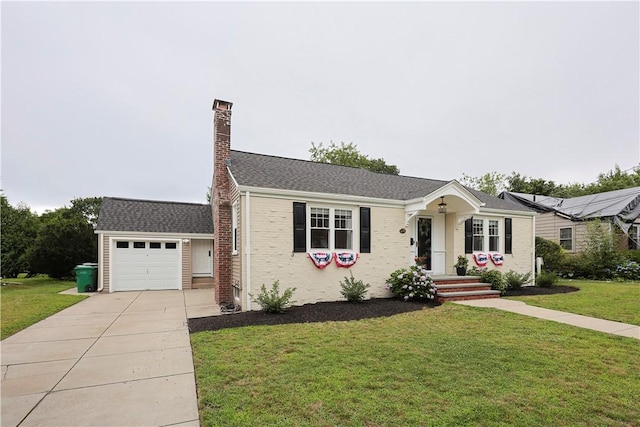 72 Audubon Rd, Warwick, RI 02888 - single story home with driveway, an attached garage, a chimney, a front yard, and brick siding