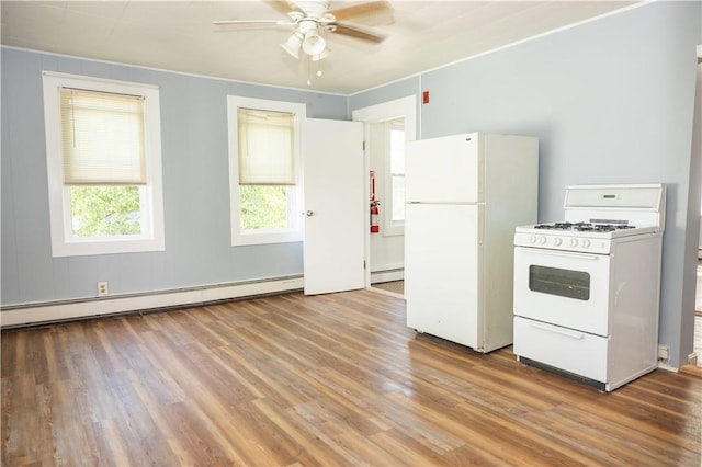 89 Warren Ave, East Providence, RI 02914 - kitchen featuring white appliances, a baseboard radiator, wood finished floors, and ceiling fan