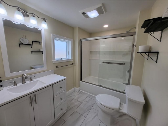 57 Merino St, Johnston, RI 02919 - full bathroom with marble finish floors, vanity, shower / bath combination with glass door, and recessed lighting