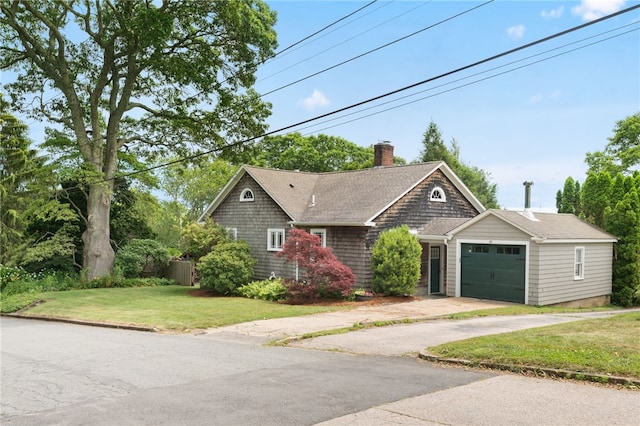 80 Highland Ave, South Kingstown, RI 02879 - view of front of property with a chimney, a front lawn, driveway, and an attached garage