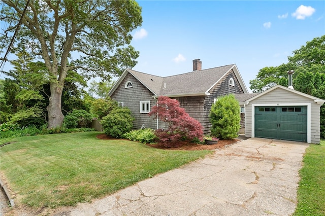 80 Highland Ave, South Kingstown, RI 02879 - view of home's exterior featuring a chimney, driveway, a lawn, a shingled roof, and an attached garage