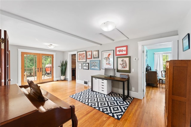 80 Highland Ave, South Kingstown, RI 02879 - home office featuring light wood-style floors, french doors, healthy amount of natural light, and attic access