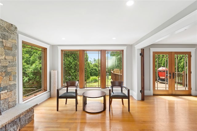 80 Highland Ave, South Kingstown, RI 02879 - living area featuring healthy amount of natural light, light wood-style floors, french doors, and recessed lighting
