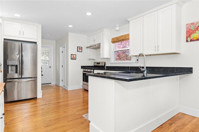 92 Franklin St, Bristol, RI 02809 - kitchen featuring appliances with stainless steel finishes, under cabinet range hood, light wood-style flooring, white cabinets, and recessed lighting