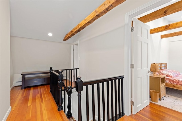 92 Franklin St, Bristol, RI 02809 - hallway with beam ceiling, an upstairs landing, hardwood / wood-style floors, recessed lighting, and a baseboard radiator