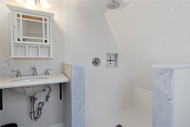92 Franklin St, Bristol, RI 02809 - bathroom with a tile shower and lofted ceiling