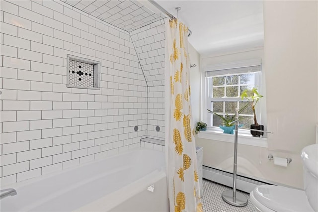 92 Franklin St, Bristol, RI 02809 - bathroom featuring shower / bath combo with shower curtain, baseboard heating, and tile patterned flooring