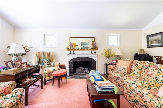 2 Quail Run, Westerly, RI 02891 - living room with lofted ceiling, carpet flooring, a brick fireplace, and ornamental molding