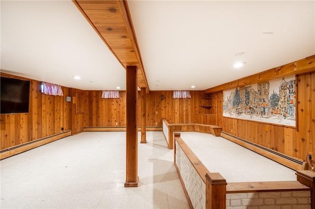 2 Quail Run, Westerly, RI 02891 - rec room with baseboard heating, wood walls, recessed lighting, and light flooring