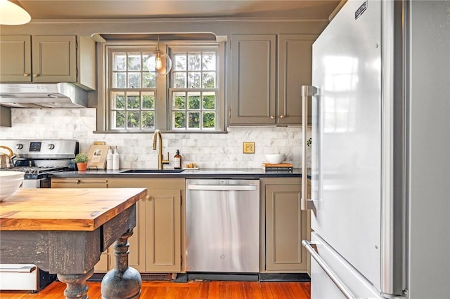 603 E Ave, Pawtucket, RI 02860 - kitchen featuring stainless steel appliances, under cabinet range hood, butcher block countertops, wood finished floors, and tasteful backsplash