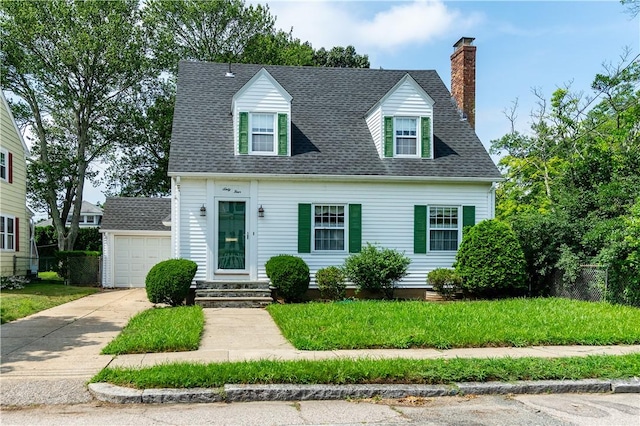 64 Riverfarm Rd, Cranston, RI 02910 - cape cod-style house featuring driveway, a chimney, a front yard, and a shingled roof