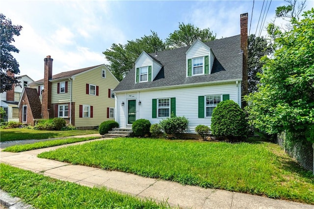 64 Riverfarm Rd, Cranston, RI 02910 - cape cod-style house with a chimney, a front yard, and roof with shingles