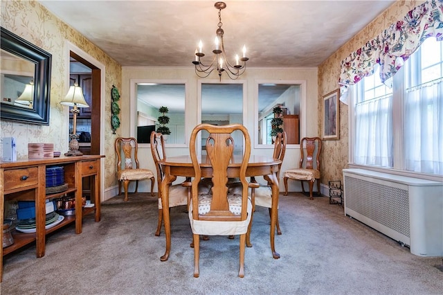 64 Riverfarm Rd, Cranston, RI 02910 - dining room featuring radiator, a chandelier, light colored carpet, and wallpapered walls