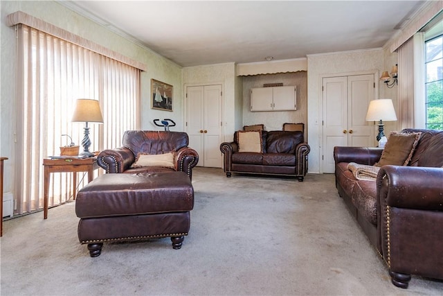 64 Riverfarm Rd, Cranston, RI 02910 - living area featuring light carpet, ornamental molding, and a baseboard heating unit