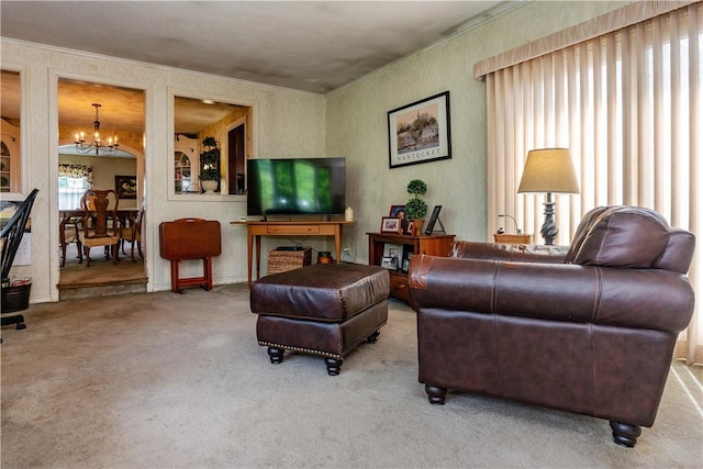 64 Riverfarm Rd, Cranston, RI 02910 - carpeted living room featuring a chandelier and ornamental molding