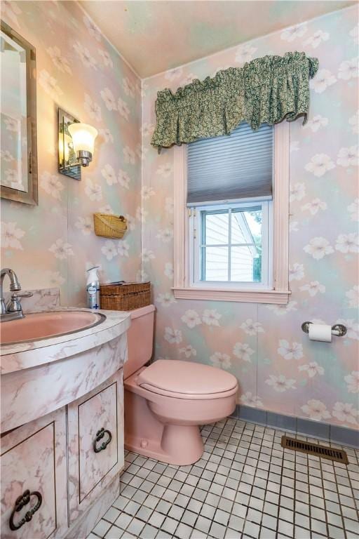 64 Riverfarm Rd, Cranston, RI 02910 - half bath featuring wallpapered walls, tile patterned floors, and vanity