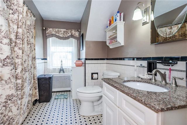 64 Riverfarm Rd, Cranston, RI 02910 - full bathroom featuring tile walls, vanity, wainscoting, radiator heating unit, and a shower with shower curtain
