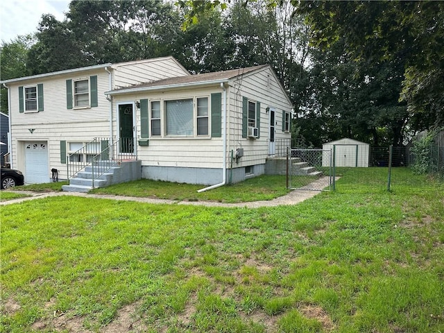 103 Windsor Park Dr, Coventry, RI 02816 - split level home with a storage unit, an attached garage, cooling unit, and view of wooded area