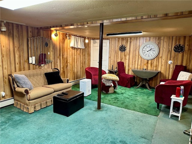 103 Windsor Park Dr, Coventry, RI 02816 - carpeted living room featuring wooden walls and baseboard heating