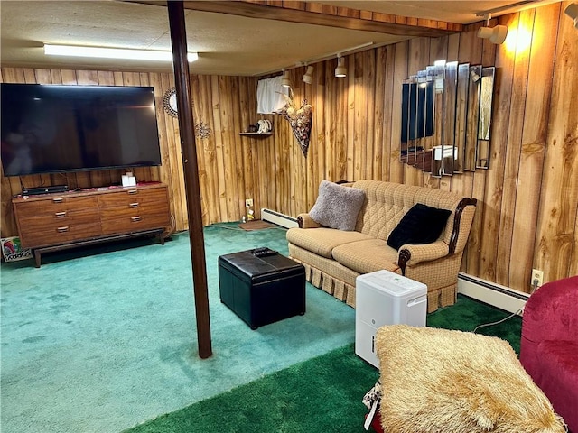103 Windsor Park Dr, Coventry, RI 02816 - carpeted living room with baseboard heating and wood walls