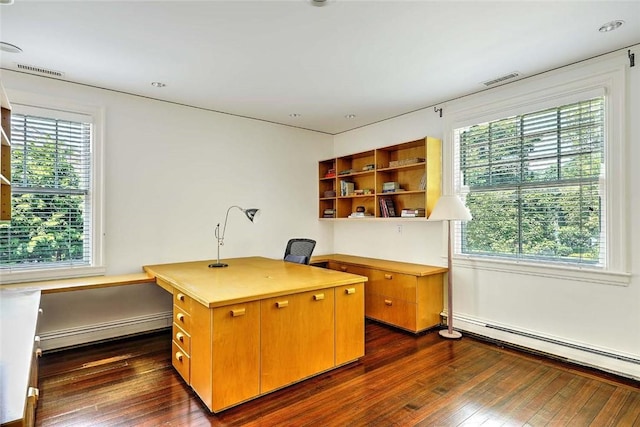 29 Orchard Ave, Providence, RI 02906 - office area featuring a baseboard heating unit, dark wood-style flooring, and healthy amount of natural light