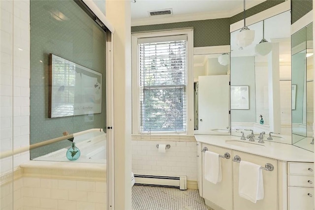 29 Orchard Ave, Providence, RI 02906 - full bathroom featuring a baseboard heating unit, plenty of natural light, crown molding, vanity, and wallpapered walls