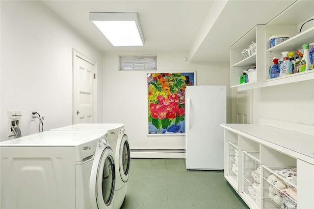 29 Orchard Ave, Providence, RI 02906 - laundry room with a baseboard radiator, washing machine and clothes dryer, and tile patterned floors