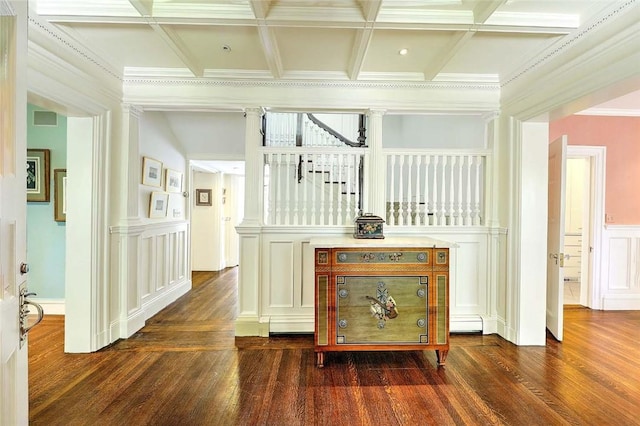 29 Orchard Ave, Providence, RI 02906 - corridor with dark wood finished floors, a decorative wall, ornamental molding, coffered ceiling, and beamed ceiling