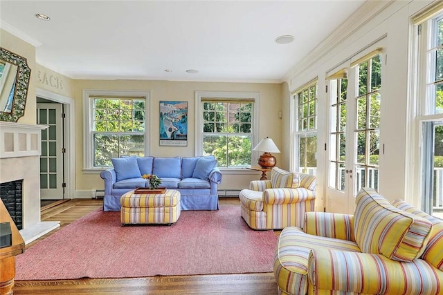 29 Orchard Ave, Providence, RI 02906 - living room featuring plenty of natural light, wood finished floors, a baseboard radiator, baseboard heating, and crown molding