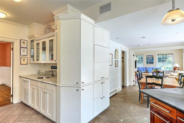 29 Orchard Ave, Providence, RI 02906 - kitchen featuring a baseboard heating unit, light tile patterned flooring, glass insert cabinets, dishwasher, and crown molding