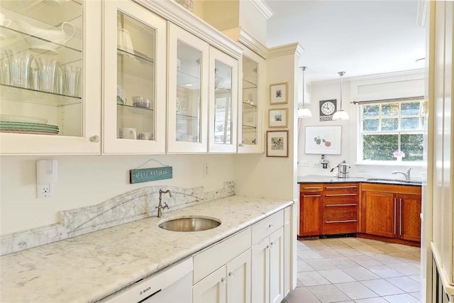 29 Orchard Ave, Providence, RI 02906 - bar area with ornamental molding, light tile patterned flooring, white dishwasher, and decorative light fixtures