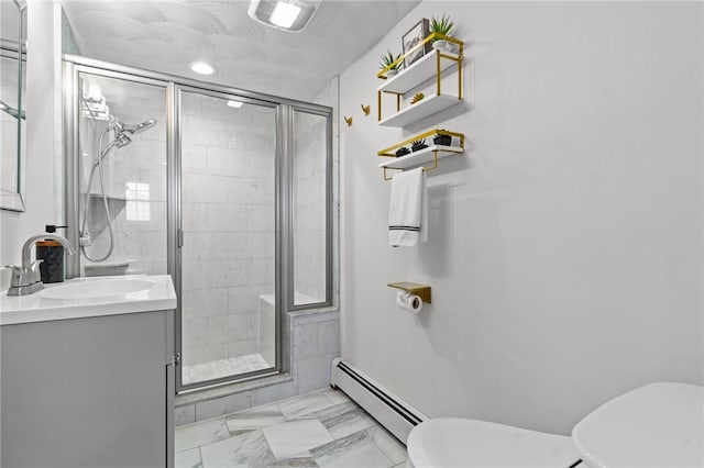 160 Coburn St, Warwick, RI 02889 - full bath featuring a baseboard heating unit, vanity, a shower stall, and marble finish floors