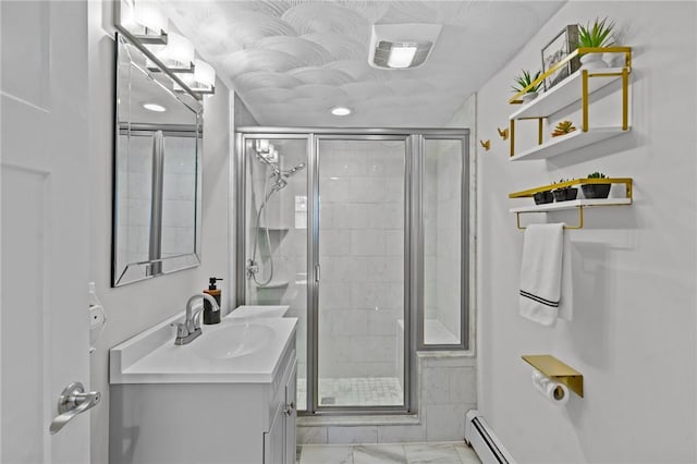 160 Coburn St, Warwick, RI 02889 - full bathroom with marble finish flooring, vanity, a stall shower, a baseboard heating unit, and recessed lighting